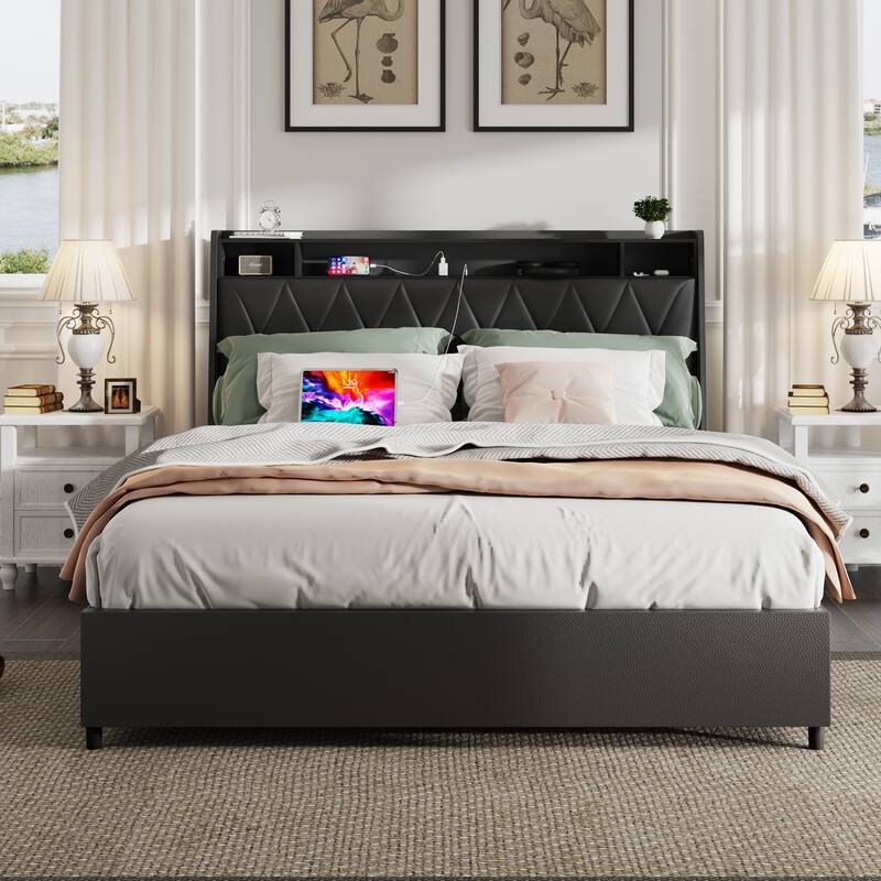 Queen Platform Bed Frame with Ergonomic Headboard, USB Outlets, Charger & Storage Shelf