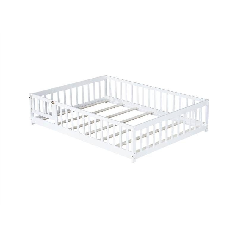 Twin/Full/Queen Size Floor Bed with Fence Guardrails and Door, Rubber Wood Toddler Bed Montessori Bed with Slats Support