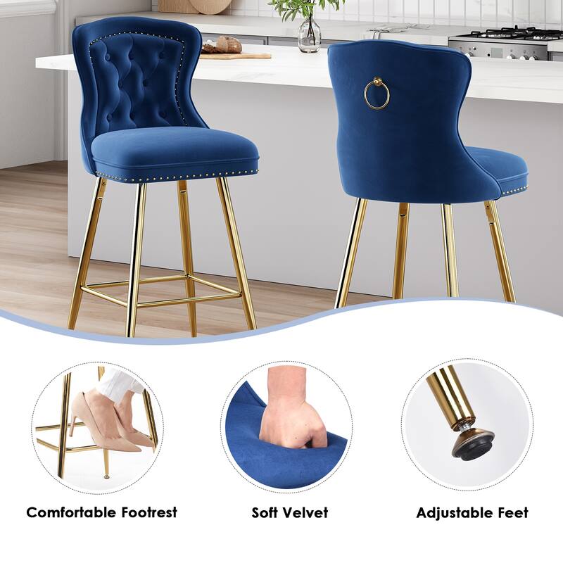 Set of 2 Royal Blue Velvet Wingback Bar Stools, Button Tufted with Nailhead Trim & Metal Legs