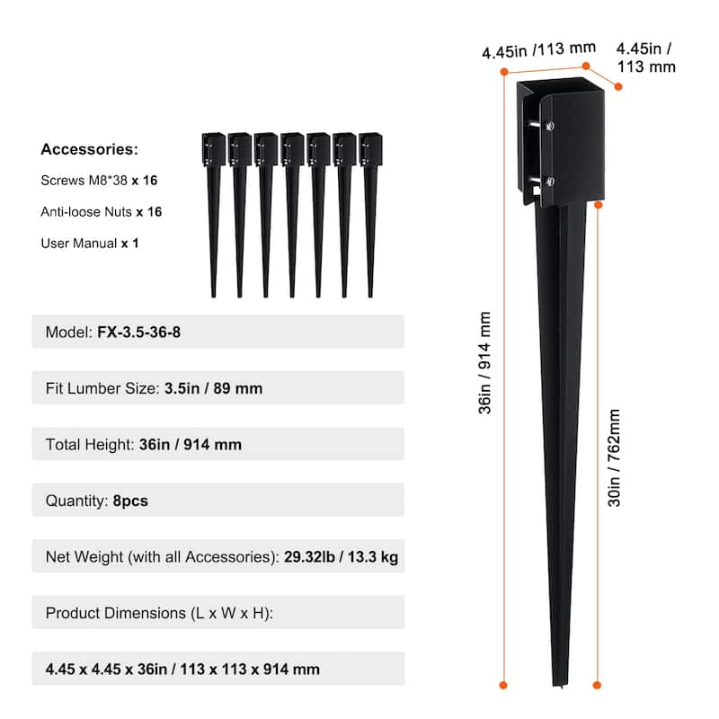 Fence Post Anchor Ground Spike, Outer Diameter (Inner Diameter 3.5 x3.5 Inches), Metal Black Powder Coated Post Stake Ground