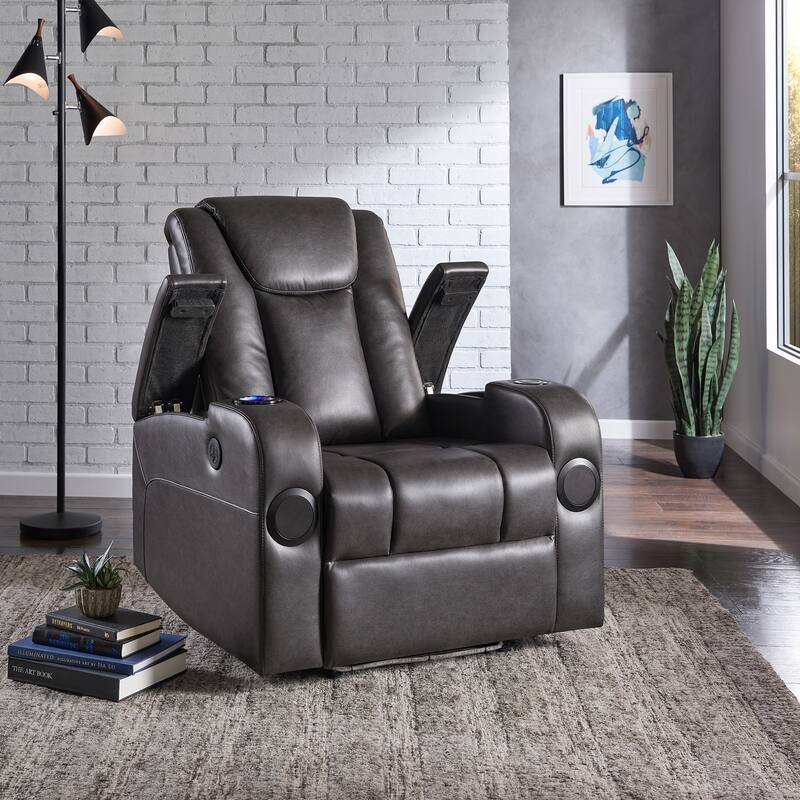 Terlingua Gray Vegan Leather LED Power Recliner with Speaker, Storage, USB and Wireless Charger by iNSPIRE Q Classic