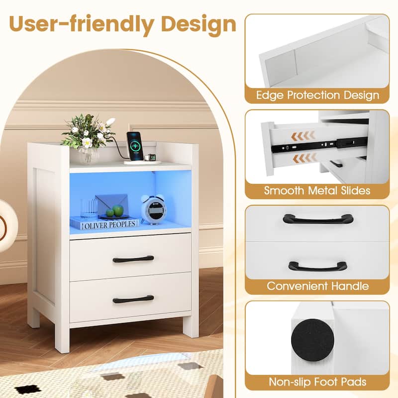 Gymax Nightstand w/ LED Lights & Charging Station 23.5'' Smart Bedside - 1 pcs