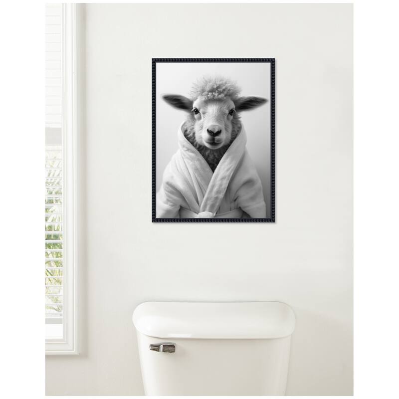 Kate and Laurel Sylvie Sheep Bathroom Art Towel Robe Black and White Framed Canvas by The Creative Bunch Studio