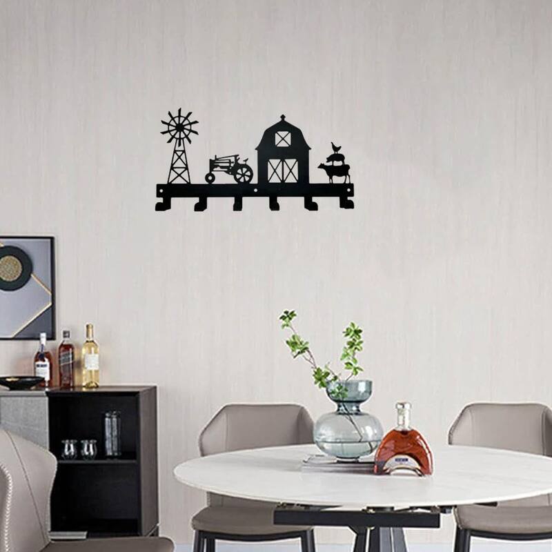 Black Metal Wall-Mounted Towel Hook Rack 6 Hooks Space-Saving Bathroom Storage Organizer - 11.57”L x 6.02”H