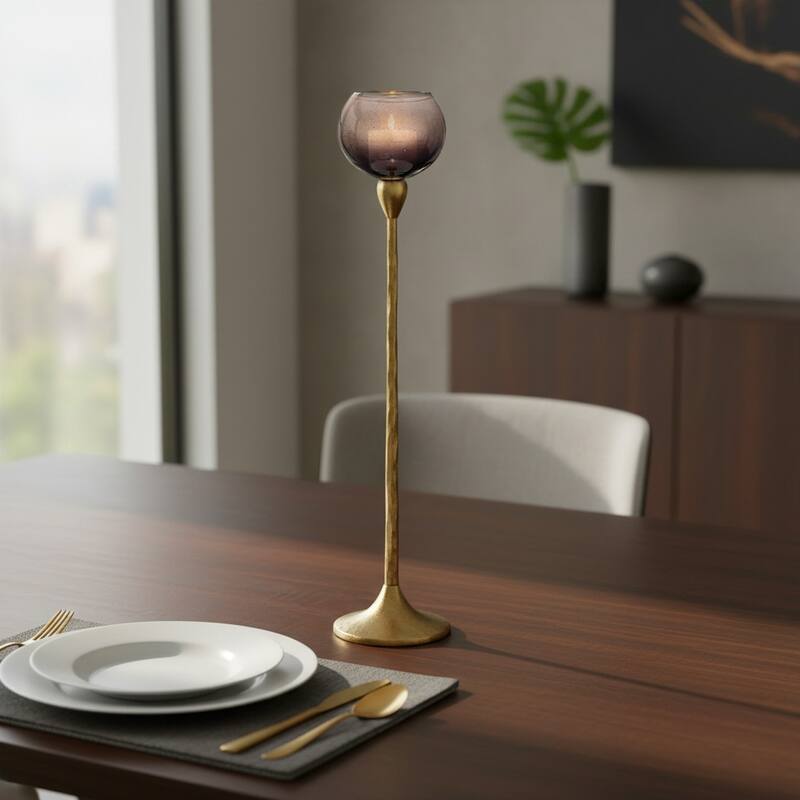 Glass Metal Stem Curved Globe Candle Holder