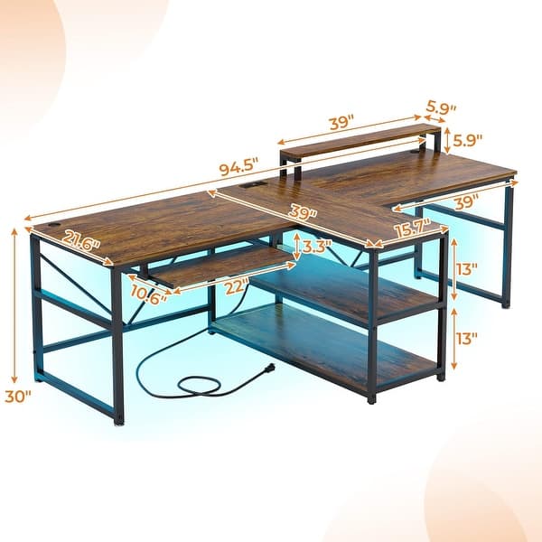dimension image slide 10 of 11, Two Person Double Computer Desk LED Gaming Desk 2 Storage Shelves