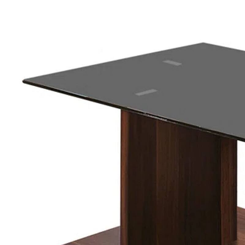 Liam 47 Inch Rectangular Coffee Table, Brown Wood, Pedestal Base, Glass Top