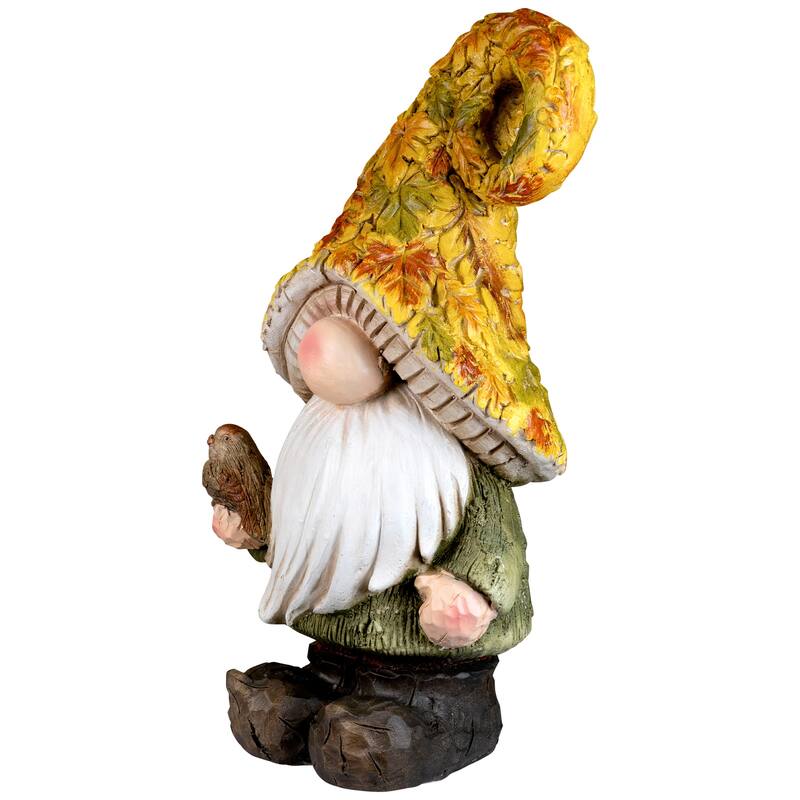 Fall Harvest Gnome in Maple Leaf Mushroom Hat Outdoor Garden Statue - 16.5"
