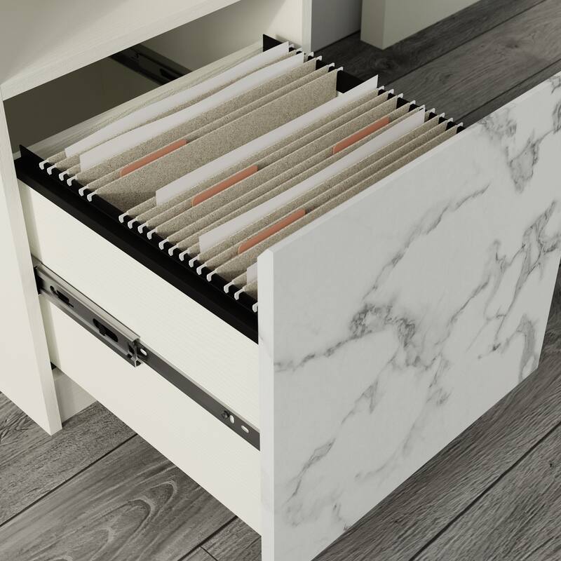 White L-Shaped Desk with File Drawer 59 Inch Marble Accent Home Office Workstation