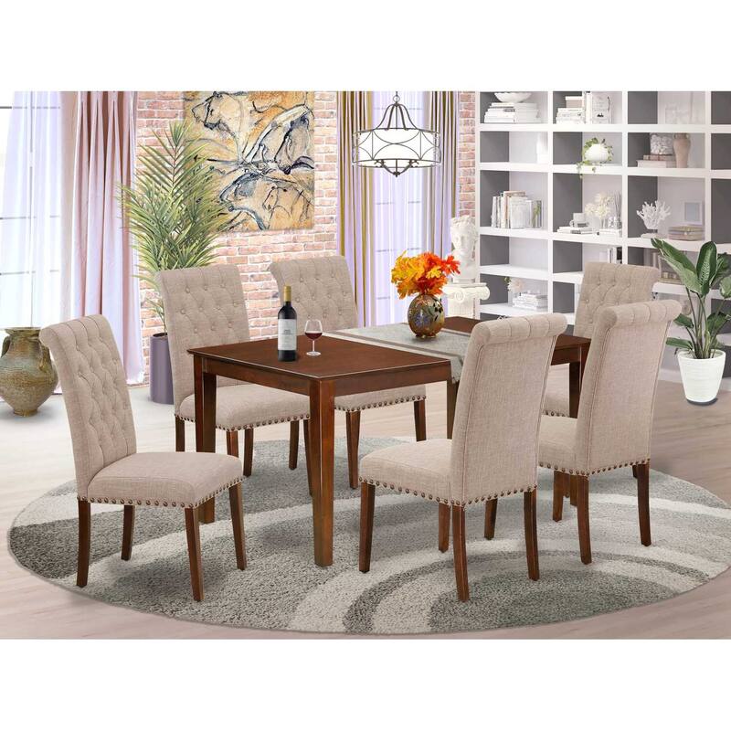 HomeStock 7-Piece Rectangle Mahogany Finish Solid Wood Top Dining Table with 6-Parson Chairs with Lattice Back