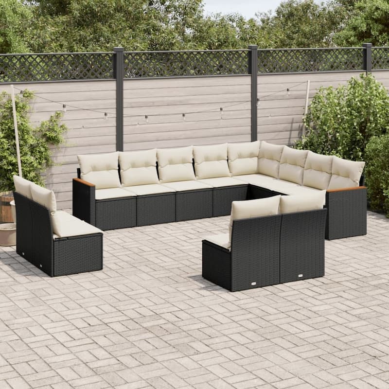 vidaXL Patio Sofa Set with Cushions Outdoor Conversation Furniture Poly Rattan - 24.4 x 24.4 x 27.2 in - Black and cream without table