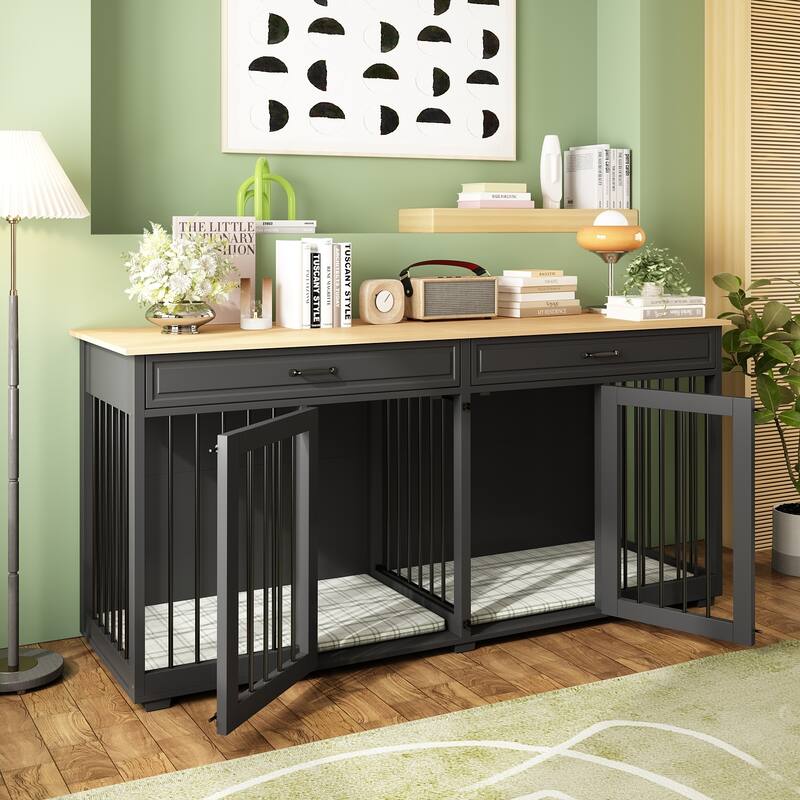 72.4 Inch Wooden Large Furniture Dog Crate with Drawers & Divider