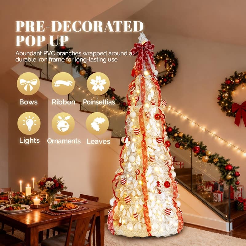 7 FT Fully Decorated Pre-lit Christmas Tree, Pop Up Artificial Xmas Tree for Home Office Store Holiday Deco