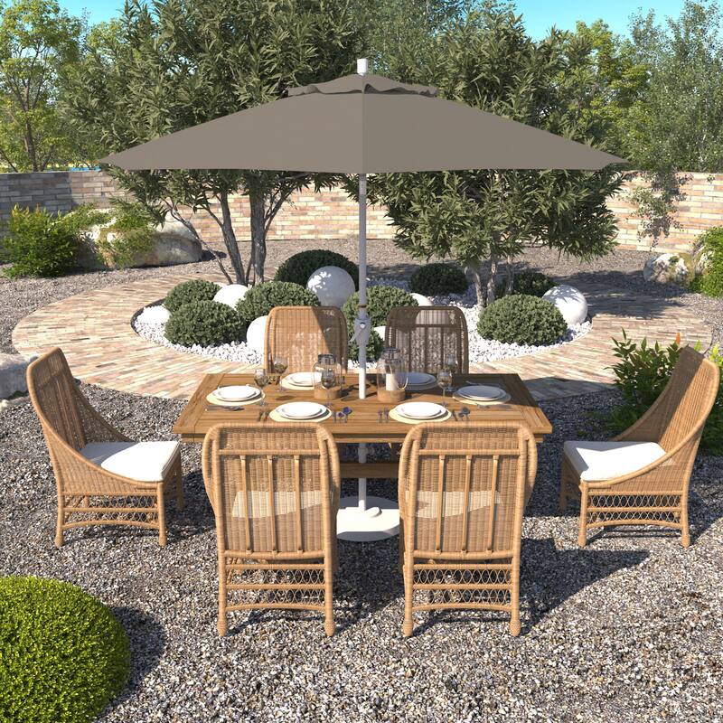 California Umbrella 9' Round Crank Lift Push Button Tilt White Aluminum Patio Umbrella with Pacifica Pacific Blue Fabric - Taupe