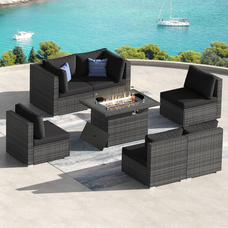 7 Piece Outdoor Sectional Modular Wicker Patio Conversation Set with 43'' Fire Pit Table and Cushion