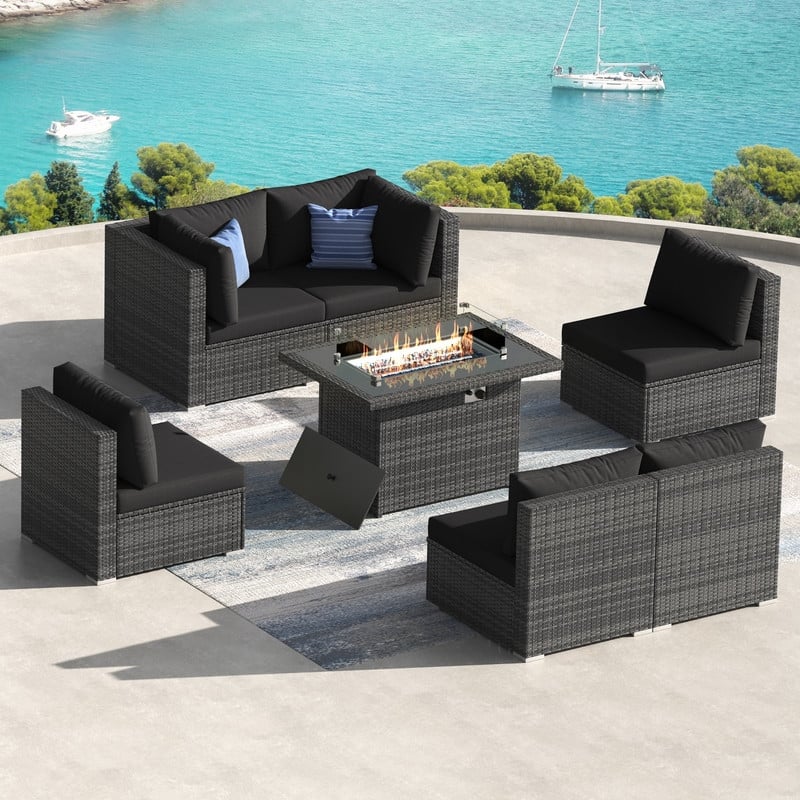 7 Piece Outdoor Sectional Modular Wicker Patio Conversation Set with 43'' Fire Pit Table and Cushion