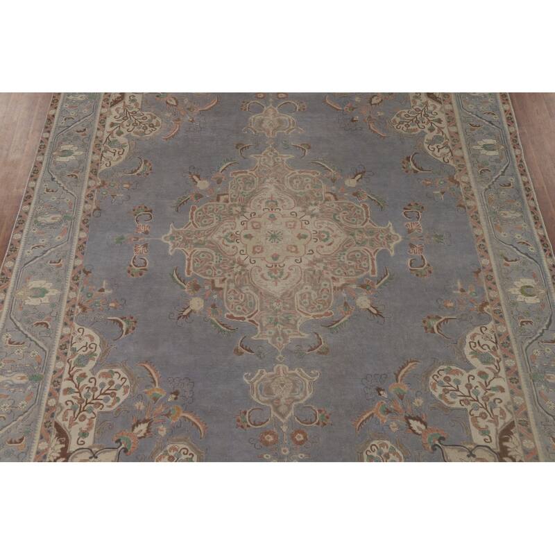 Blue Tabriz Vintage Persian Area Rug Hand-Knotted Wool Carpet - 9'5" x 12'4"