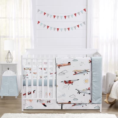 Sweet Jojo Designs 6p Crib Bedding+BreathableBaby Breathable Mesh Liner Vintage Airplane Boy Blue Clouds Aviator