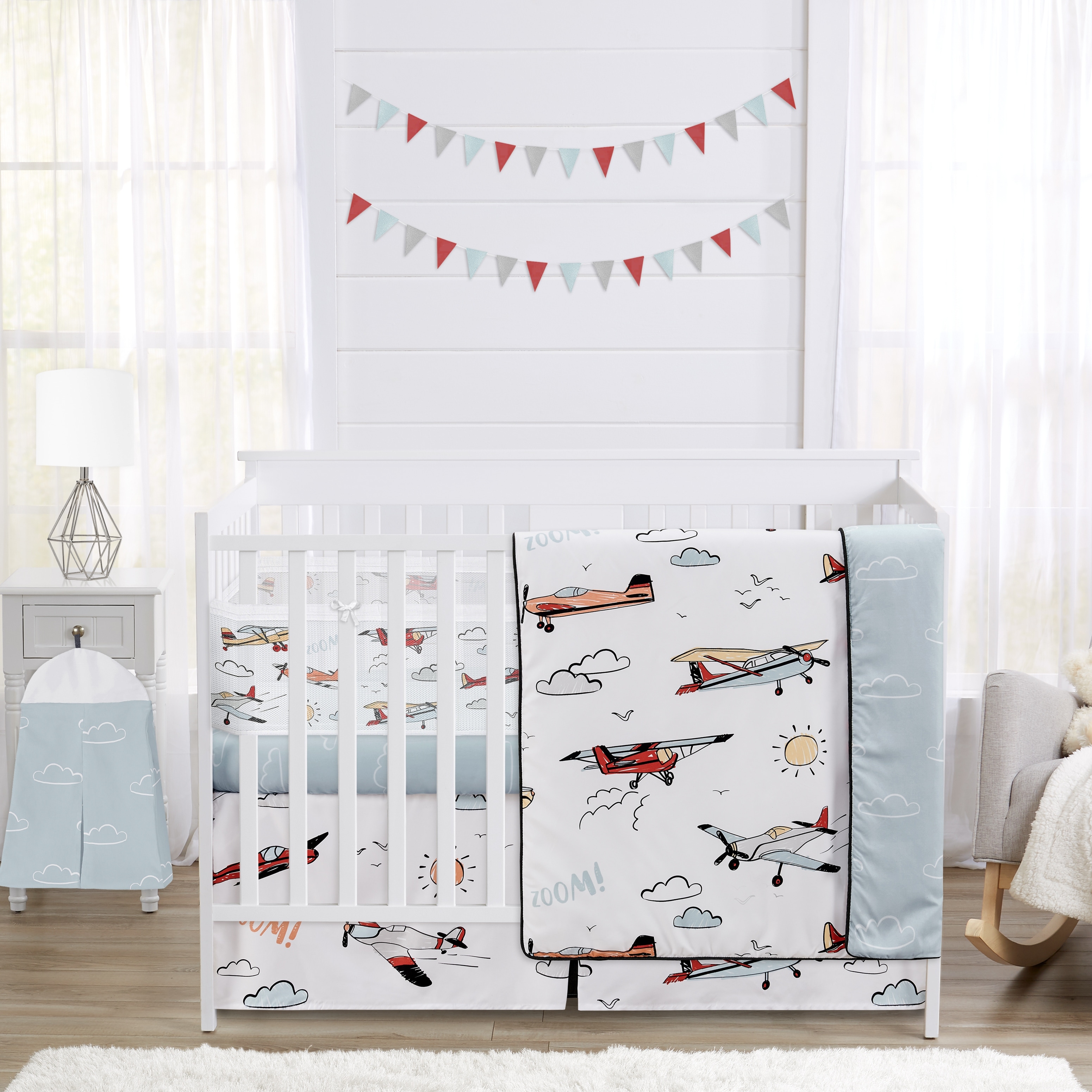 Sweet Jojo Designs 6p Crib Bedding + BreathableBaby Breathable Mesh Liner - Vintage Airplane Boy Blue Clouds Aviator
