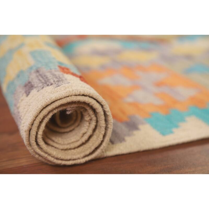 Hand Woven Oriental 100% Wool Carpet Southwestern Geometric Multi-Colored Kilim Area Rug - 9' 6'' X 6' 9''
