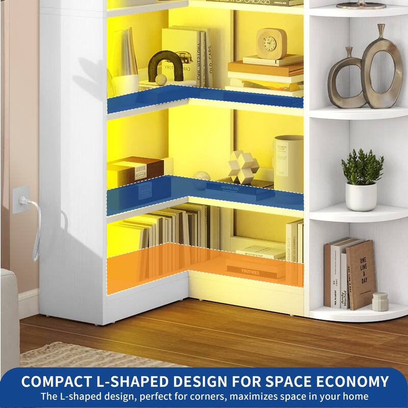 Moasis 70" Tall 6-Tier LED Corner Bookshelf L-Shaped Bookcase with Shelves for Living Room