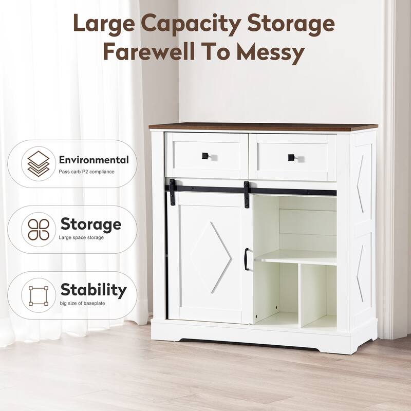Coffee Bar Cabinet with Sliding Barn Door, Buffet Cabinet with Storage Shelves, Kitchen Sideboard with 2 Drawers