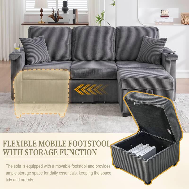 HOMEFUN Corduroy Upholstered L-shaped Pull-Out Storage Sectional Sofa with Storage Ottoman,USB Charging,Cup Holder