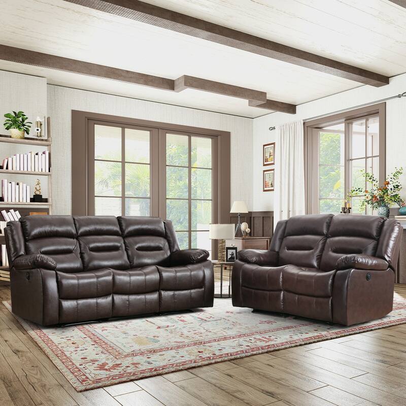 Faux Leather Power Loveseat Recliner, Electric Reclining Sofa with Overstuffed Armrests, 2-Seater Couch for Living Room - Brown 2+3set
