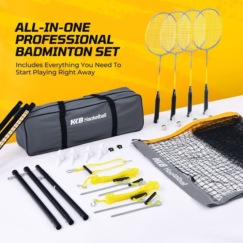 Haokelball Professional Badminton Set with Net Tension Adjuster, 4 Rackets, 4 Nylon Shuttlecocks, and Carry Bag - Gray
