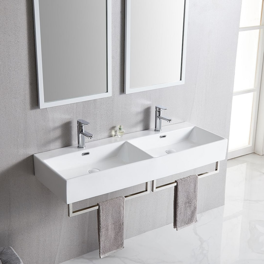 48-Inch Bathroom Dual Basin Trough Sink with Towel Racks - 47.8" x 16.5" x 5.7"