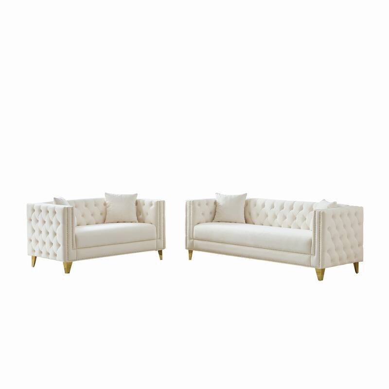 Roomfitters 80" and 58" Modern Tuxedo Sofa and Loveseat Set, Buttoned Back Couch with Gold Legs and Nailhead Trim