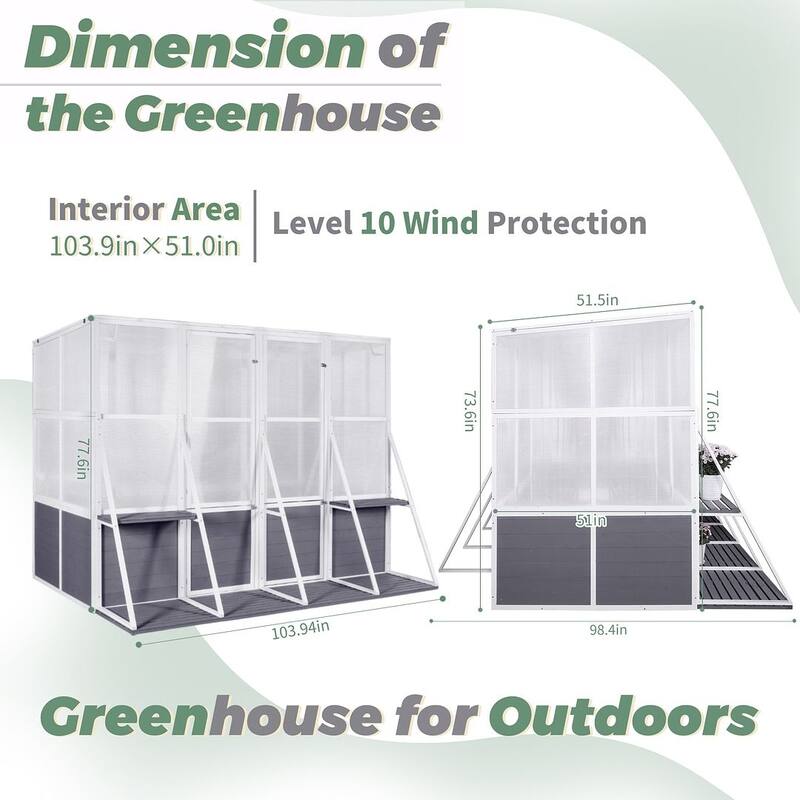 Wooden Walk-In Garden Greenhouse Kit with Adjustable Roof Vent and Lockable Door Grey - 103.94"L x 98.43"W x 77.56"H