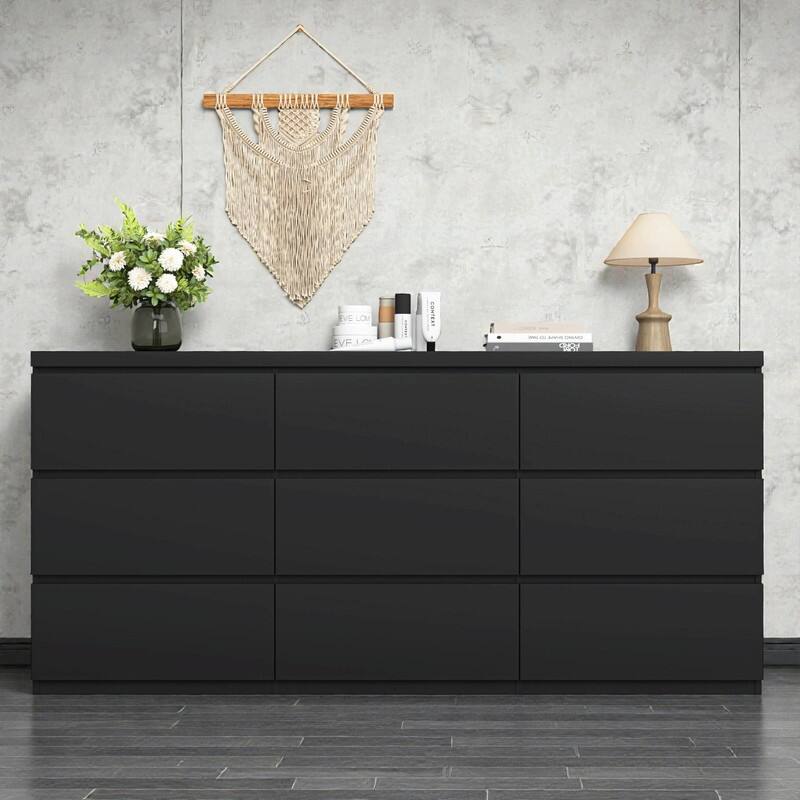 9-Drawer Handle-Free Dresser, Modern Matte Wood Storage Chest for Bedroom, Living Room or Entryway - Black