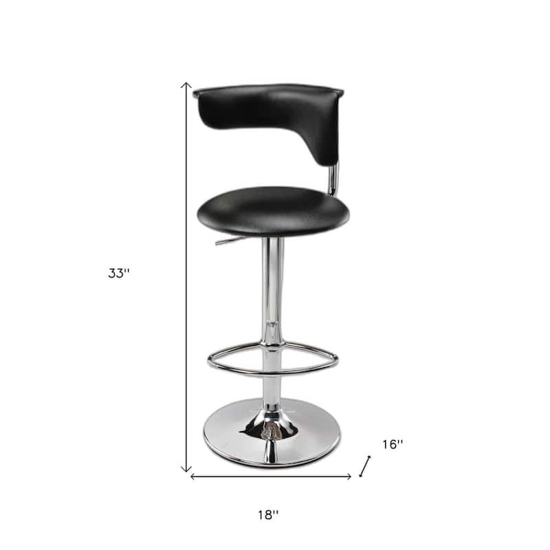 Black And Silver Faux Leather And Metal Low Back Adjustable Height Bar Chair