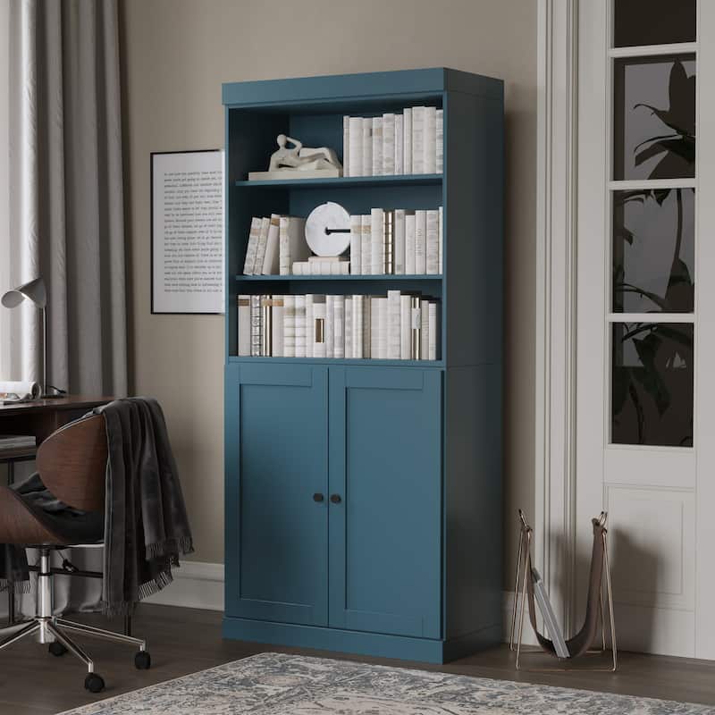 Solid Wood Tall Bookcase with Doors, Adjustable Shelves, Modular Storage, Open Display Bookshelf, 32" W x 71.5" H