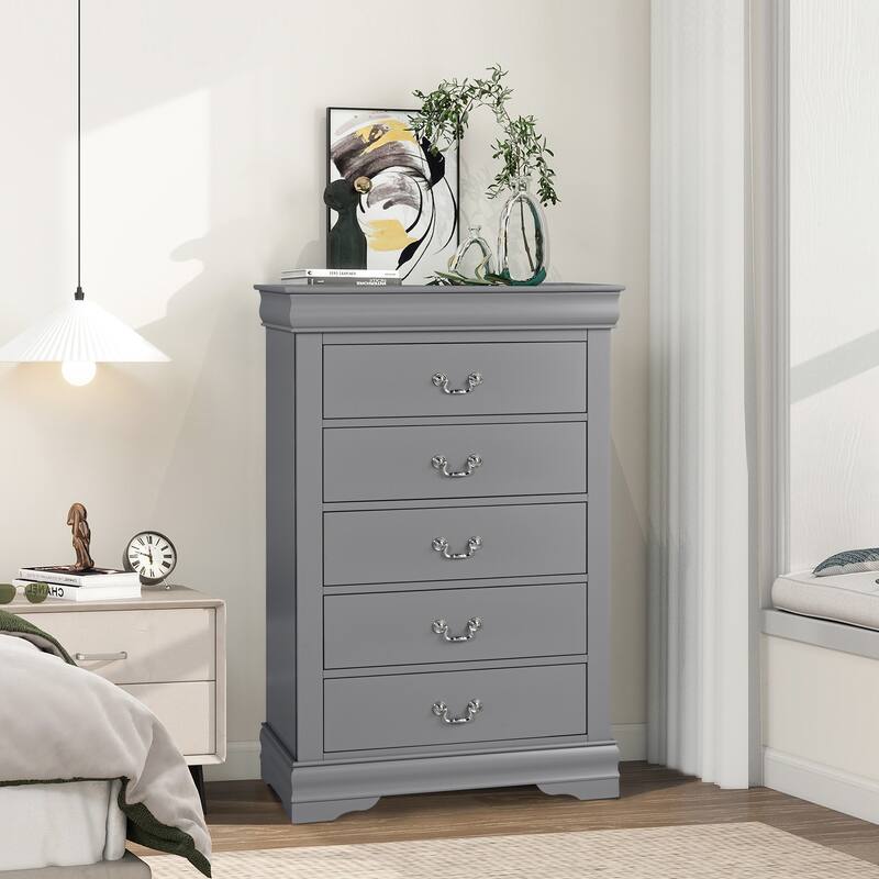 Modern Solid Wood Chest Drawers with 5-Drawer - Grey