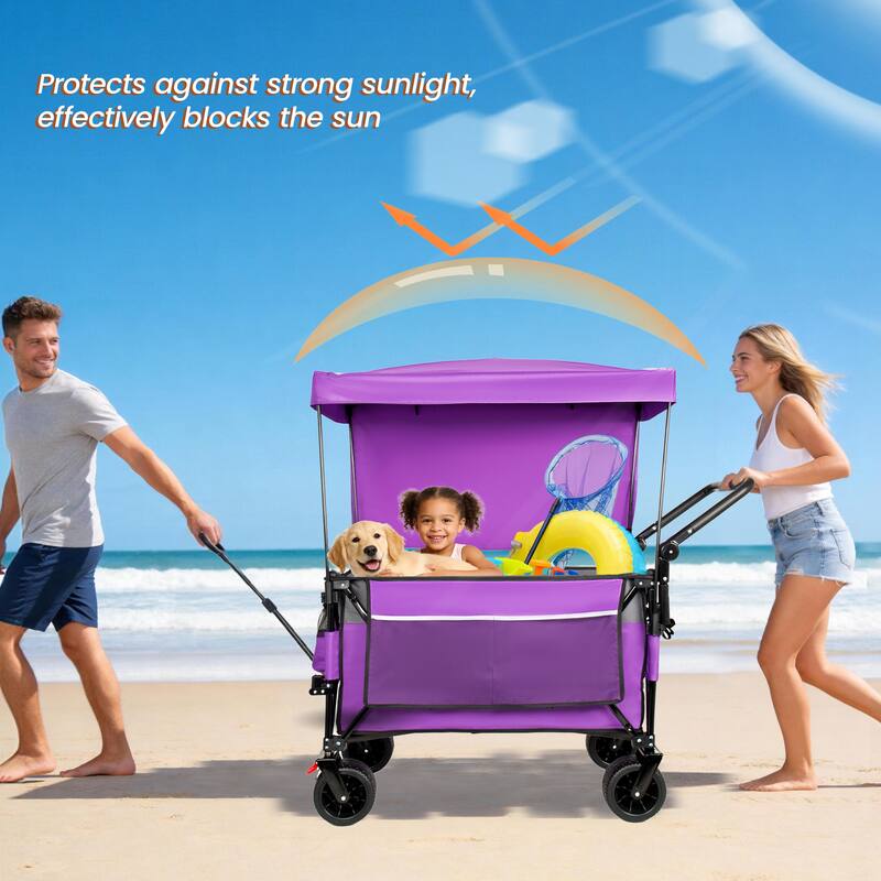 Multi-Functional Push-Pull Folding Wagon Cart with Rotating Handle & Canopy,7"x4"All-Terrain Wheels & Brakes,300L Large Capacity