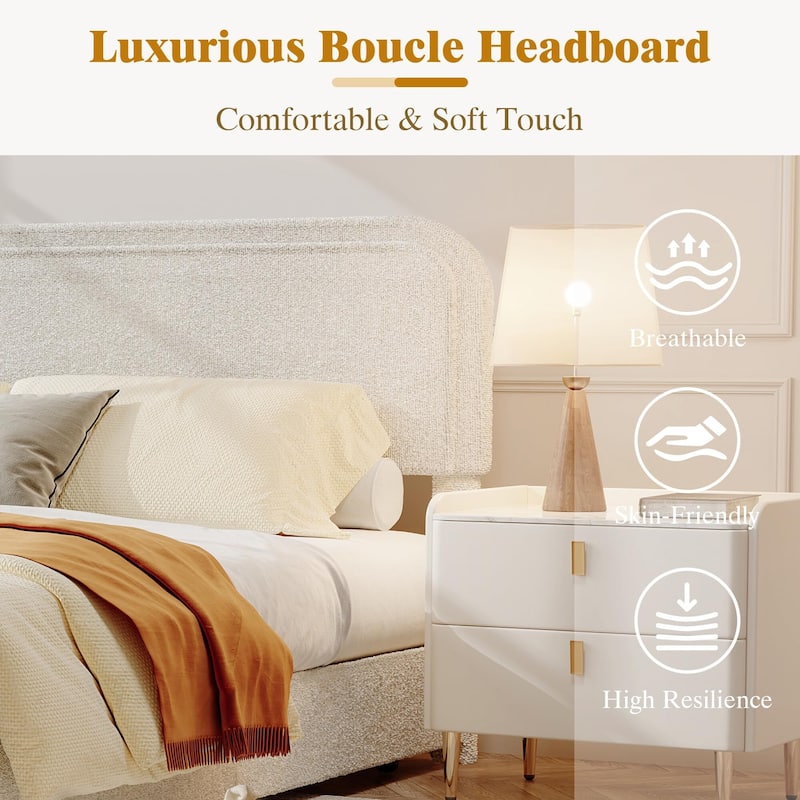Boucle Upholstered Bed Frame, 2 Storage Drawers