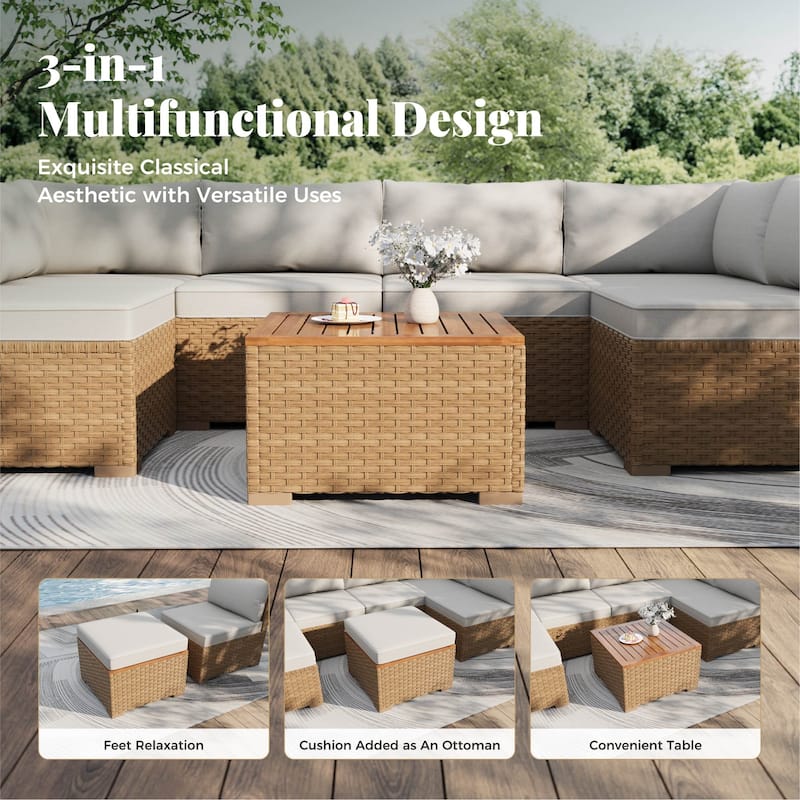 MAISON ARTS Outdoor Sofa Set，All-Weather Solid Wood Wicker Sectional Furniture Set with Dust Cover Included