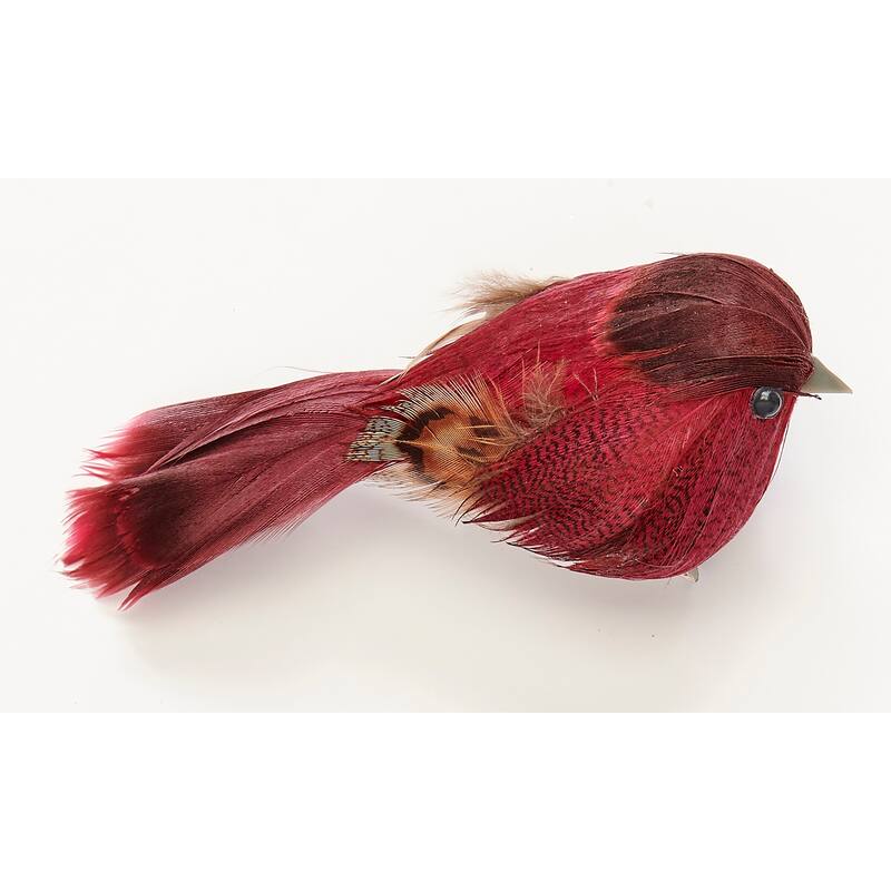 4.5" Feathered Bird with Metal Clip, Burgundy, Set of 6 - 4.5