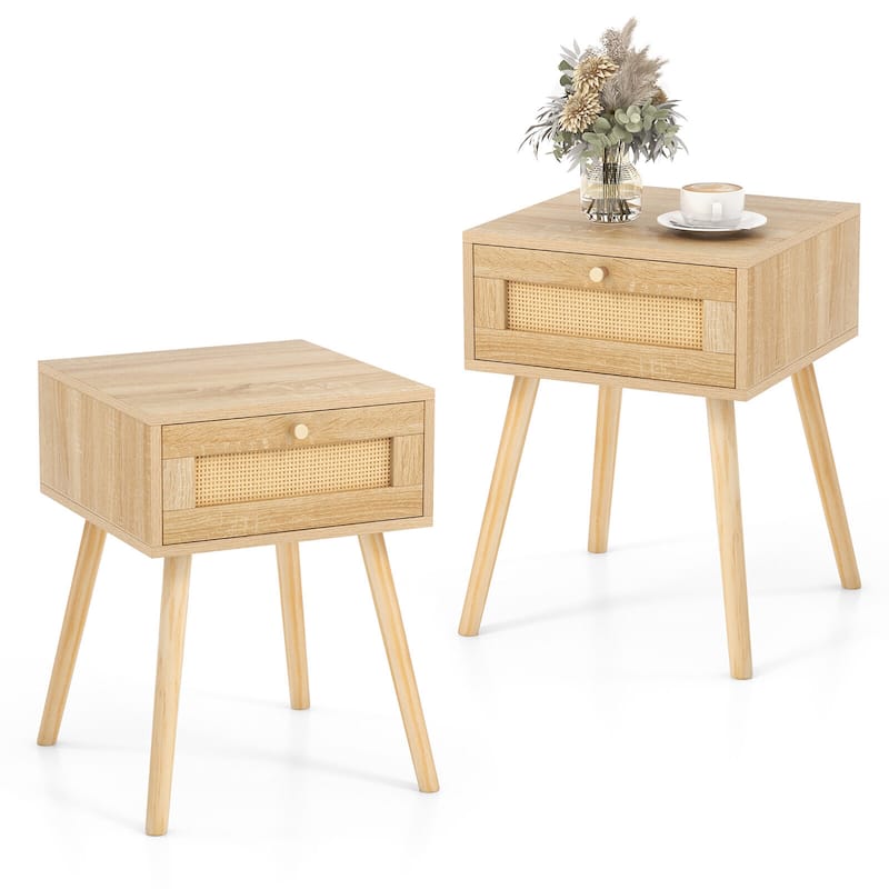 Gymax 2 PCS Nightstand Bedside Sofa Table with Rattan Drawer for
