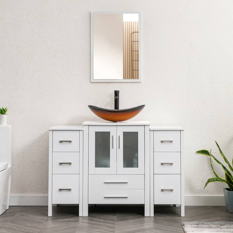 48" Bathroom Vanity Set Vessel Sink Mirror Faucet W/ Small Cabinet Combo - Glass gold boat sink - White