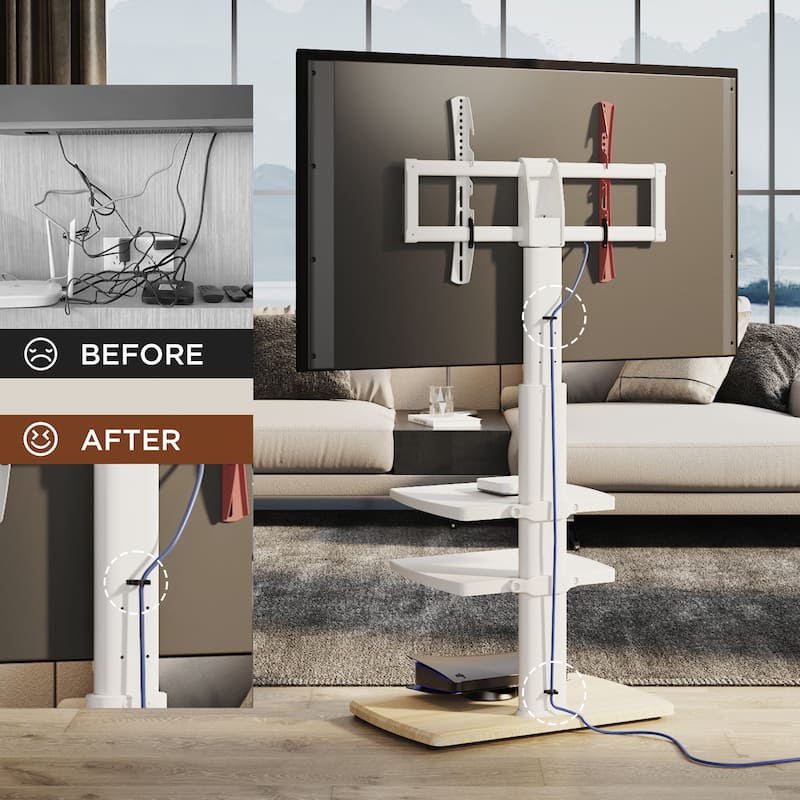 FITUEYES Sturdy Wood Base Floor TV Stand for 32-70 inch TVs with Two Shelves