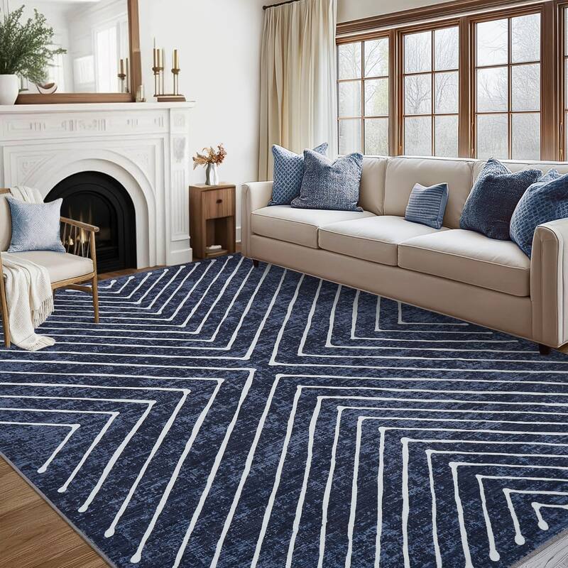 Modern Geometric Area Rug Farmhouse Stripe Area Rug Living Room Stain Resistant Non-Slip Carpet for Bedroom Dining Room - 5'x7' - Blue
