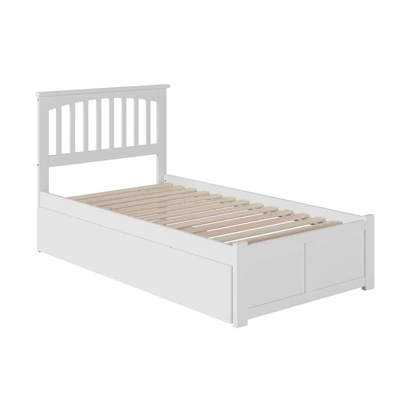 Twin Platform Bed with Trundle - Coastal Cottage Style, White Finish, Mission Design, Space Saving