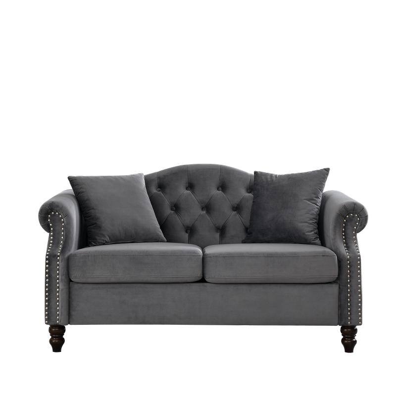 Chesterfield Sofa Velvet for Living Room, 2 Seater Sofa Tufted Couch with Rolled Arms and Nailhead, two pillows 