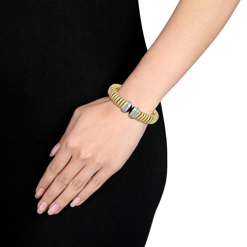 Miadora 1/4ct TGW Cubic Zirconia Black Onyx Omega Stretch Bangle Two-Tone Sterling Silver