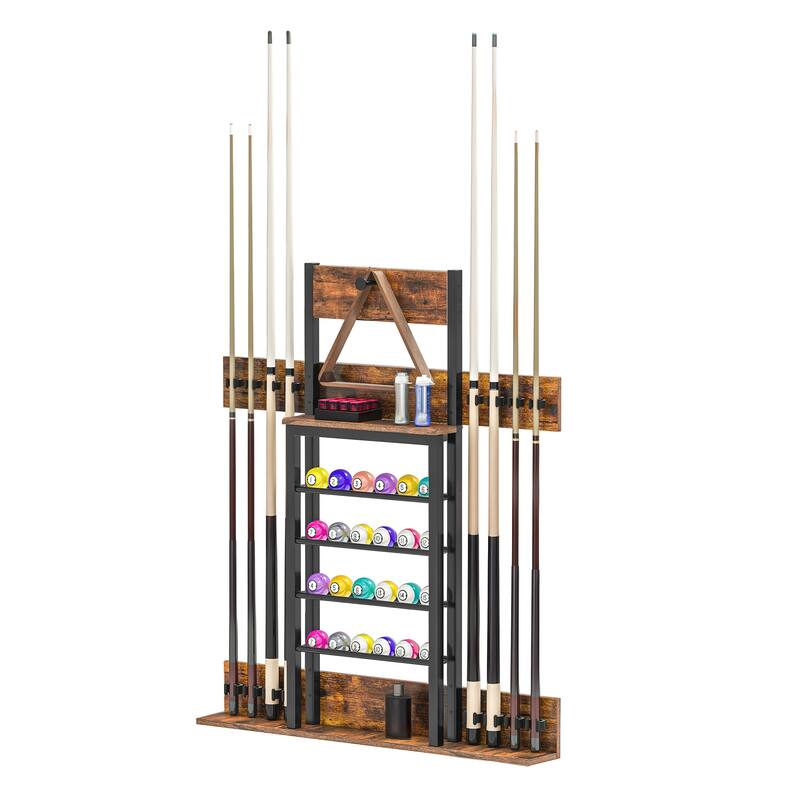 Moasis Pool Stick Holder Wall Mount Holds 8 Cue Sticks & 24 Balls - Brown