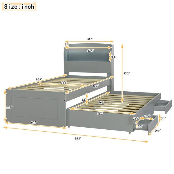 dimension image slide 1 of 4, Platform Bed with Twin Size Trundle & 2 Drawers, Wooden Storage Bedframe with LED Headboard/Charging Station for Kids Boys Girls