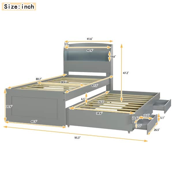 Twin XL Size Platform Bed with LED Headboard, Storage Bed with Charging Station, Trundle and 2 Drawers, Subdued Gray